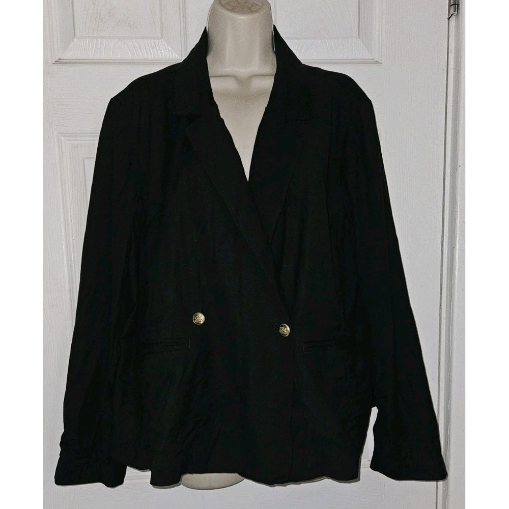 J Jill Womens XL Black Linen Blend Blazer Double Breasted Gold Millitary Button